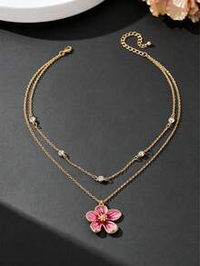 1pc Sparkling Elegant Luxury French Vintage Handmade Oil-Drip Gradient Tie Dye Pink Egg-Shaped Flower Pendant Necklace - Pink - View 3