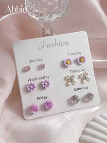 6 Pairs Elegant Minimalist Floral Colorful Bow Multi- Unique Stud Earrings For Women, Suitable For Daily Wear And Commuting - Mauve Purple - View 7