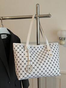 New Women's Tote Bag, Large Capacity All-Over Letter Print. Suitable For Commuting, School, Ample Space, Portable And Practical, Versatile Classic Casual And Business Casual Style. For Girls, Students And Professionals, Suitable For Work, Campus, Travel. Zipper Design, Fashionable And Beautiful. - White - View 9