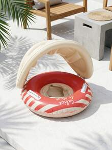 Pink & White Striped Inflatable Baby Swim Ring With Detachable Sun Canopy, Handle Toddler Pool Float, Kids Summer Style - Multicolor - View 5