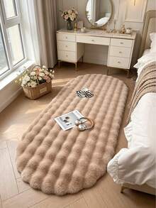 1pc Camel Color Oval 3D Checkered Faux Rabbit Fur Bubble Fleece Decorative Rug, Fluffy And Soft Touch, Gentle Color, Cozy And Healing, Cat-Like Feel, Fuzzy, Soft Long Pile, Non-Slip Bottom, Low Shedding, Easy Care And Easy Clean, Thick And Durable Rug, Suitable For Living Room, Bedroom, Study, Entryway, Dining Room, Laundry Room Decoration, Skin-Friendly And Soft Material, Personalized Home, Fashion Home, Bedroom Rug, Kitchen Rug, Study Rug, Living Room Rug, Bathroom Rug, All Season - Camel - View 2