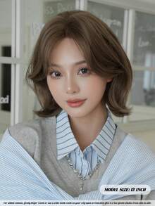 NAMM 12 Inch Short Curly Wigs For Women - Modest Fashion Wave Wig Curtain With Bangs, Brown Soft Silky Heat-Resistant Synthetic Fiber Wigs For Daily Use, Perfect For Holidays Music Festivals Celebrations-Sakura Celebrations Glam & Party Street Wear - Multicolor - View 5