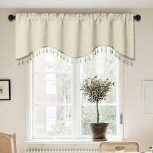 1pc Bohemian Apricot European Style Tassel Curtain, Faux Linen Texture, Thickened Fabric, 3D Drape, Rod Pocket Top, Soft Texture, Light Filtering, Washable, Pastoral Vintage Home Window Decor, Suitable For Bedroom, Living Room, Dining Room, Kitchen, Cafe, Cabinet - Apricot - View 1