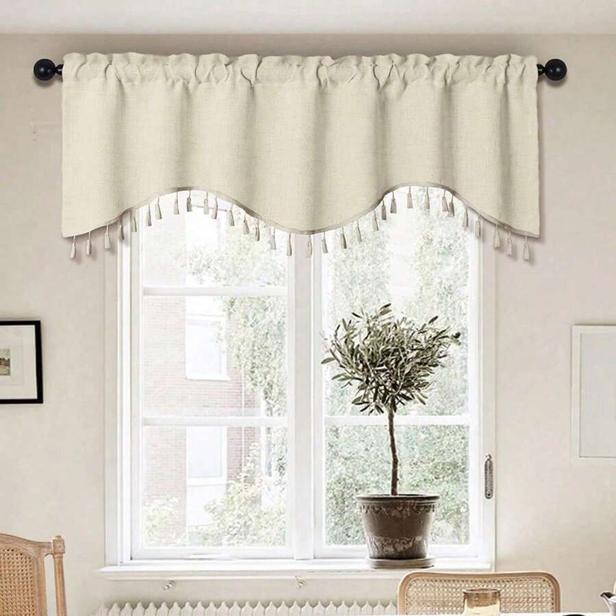 1pc Bohemian Apricot European Style Tassel Curtain, Faux Linen Texture, Thickened Fabric, 3D Drape, Rod Pocket Top, Soft Texture, Light Filtering, Washable, Pastoral Vintage Home Window Decor, Suitable For Bedroom, Living Room, Dining Room, Kitchen, Cafe, Cabinet - Apricot - View 1