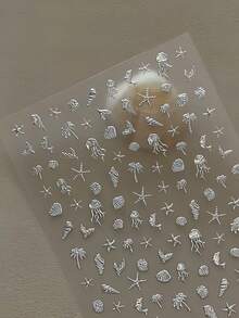 1片金屬銀色美甲貼紙，3D浮雕海洋生物與貝殼設計，優雅海洋風美甲裝飾貼紙 - 彩色 - 查看 4