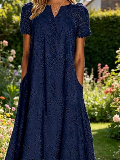 2026 Women Summer Ruffle Hem Floral Lace Eyelet Dress Casual Notch Neck Midi Tunic Dress With Pocket Solid Color Dress Vacation Outfits For Women