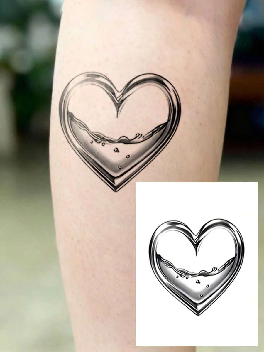 STARTTOOS Liquid Metal Cyberpunk Y2K Silver Heart Pattern Tattoo Temporary Sticker For Arm, Ankle And Body Skin, 1pc - Silver - View 1