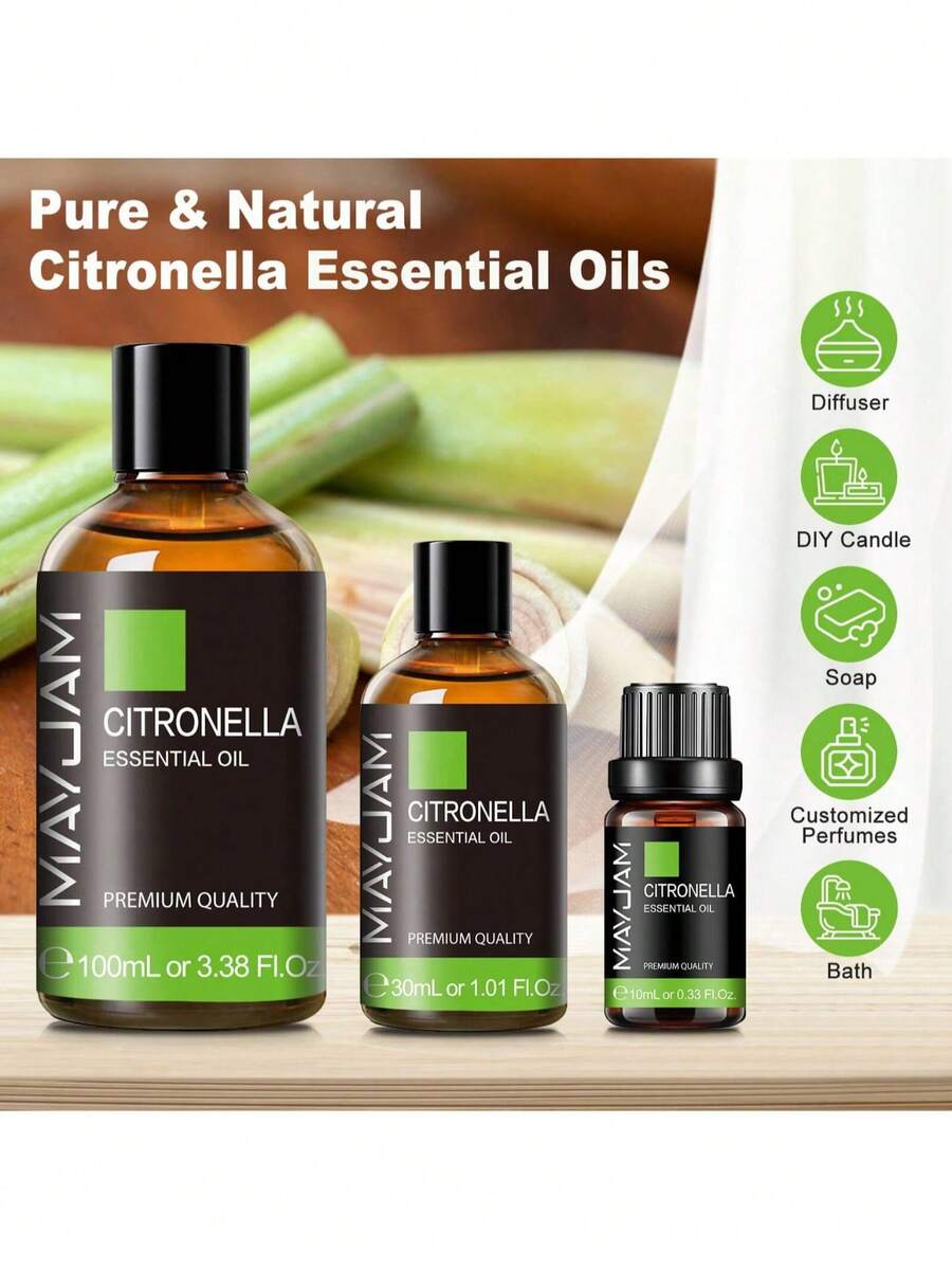 Minyak Esensial Serai 10/30/100ml, MAYJAM 1 Botol Minyak Esensial Serai Premium, Cocok untuk Diffuser Aromaterapi, Humidifier, Pembuatan Lilin dan Sabun, Minyak Esensial Murni, Cocok untuk Diffuser Aromaterapi Rumah, Pewangi DIY, Aroma Tahan Lama