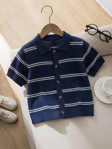 Boys' Casual Striped Hollow Collar POLO Shirt, Short Sleeve Thin Knit Cardigan Sweater, Suitable For School Daily Wear In Summer And Autumn - Navy Blue - View 2