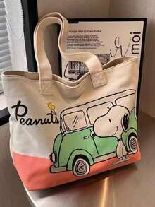 SNOOPY 1pc Striped Canvas Tote Bag Set, Large Capacity Multifunctional Shoulder Bag, Suitable For Commuting, Casual And Travel, Cute Daily Bag, Perfect Gift For Back To School, Birthday, Valentine's Day And Mother's Day - A - View 9