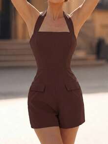 Perirose Solid Color Elegant Halter Neck Romper, V-Neck Design, Back Tie Detail, Side Flap Pockets - Brown - View 6