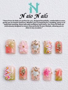NAIO 10片/組手工穿戴甲，3種尺寸：棺材形/杏仁形/短方型，Y2K浪漫風，漸層花卉美甲，附3D玫瑰與愛心設計，水鑽與珍珠裝飾，適合女性女孩，日常使用與派對，女士美甲用品禮物 - 彩色 - 查看 20