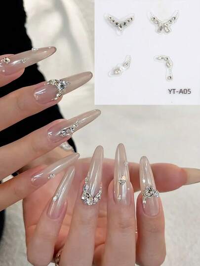 French Rhinestone Nail Art Stickers - Easy To Tear And Paste,5D Glitter French Diamond Rhombus Pearl Butterfly Pattern Decorative Stickers,DIY Nail Salon Accessories