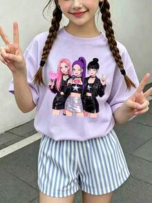 青少年女孩休閒趣味圖案印花圓領套頭短袖T恤夏季上衣 - 淡紫色 - 查看 1