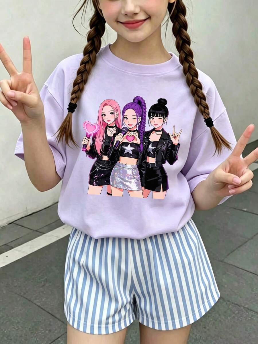 青少年女孩休閒趣味圖案印花圓領套頭短袖T恤夏季上衣 - 淡紫色 - 查看 1