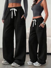 Pantalones deportivos casuales de estilo coreano para mujer Sulojter, unicolor, con bolsillos y cordón, estilo universitario - Negro - Ver 2