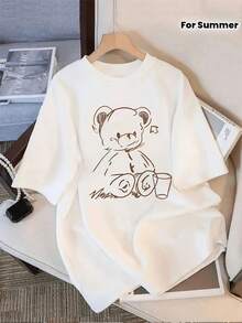 Tops,Creative Pattern Printed T-Shirt, Short Sleeve Round Neck Casual Top, Suitable For Summer And Spring, Women'S Clothing - 白色 - 查看 1