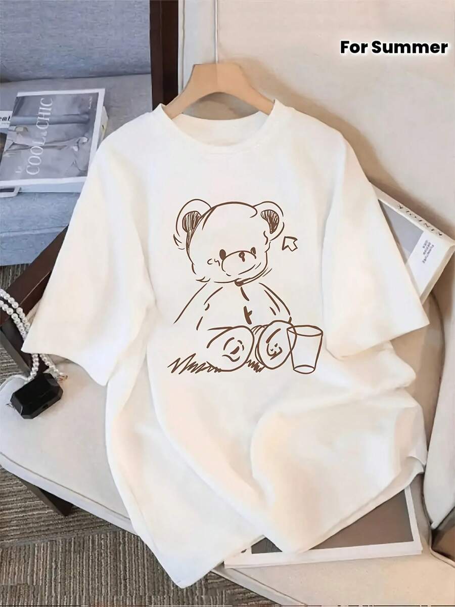 Tops,Creative Pattern Printed T-Shirt, Short Sleeve Round Neck Casual Top, Suitable For Summer And Spring, Women'S Clothing - 白色 - 查看 1