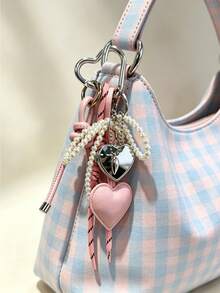 Y2K Heart Mirror Keychain, Pink PU Leather & Pearl Bag Charm, Aesthetic Car Key Pendant, Preppy Style Accessory - Pink - View 1