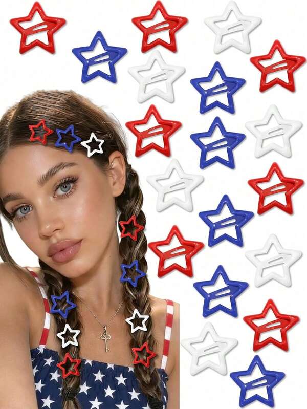 Women's "July 4th" Patriotic Theme Red White Blue Hollow Star Hair Clip - Y2K Style Glossy Non-Slip Hair Accessory, Secure And Damage-Free, Suitable For Independence Day, Memorial Day, Parades, Barbecues, Pool Parties And Daily Wear; Cute American Flag Color Hair Clip, Suitable For All Hair Types.,Claw Clips