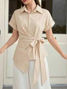 Rikumo 1pc Solid Color Woven Asymmetric/Asymmetrical Shirt, Office & Casual Wear, Summer - Apricot - View 6