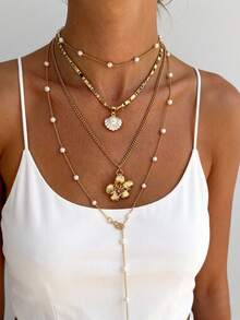 4pcs/Set Bohemian Style Metal Zinc Alloy Resin Faux Pearl Flower Pendant Necklace Set, Suitable For Women's Daily Wear, Niche Gift - 32824-nek-g-eP - View 2