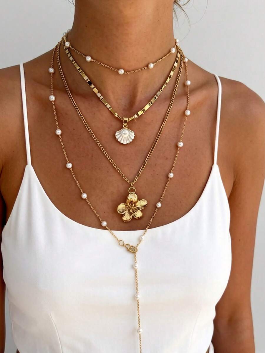 4pcs/Set Bohemian Style Metal Zinc Alloy Resin Faux Pearl Flower Pendant Necklace Set, Suitable For Women's Daily Wear, Niche Gift