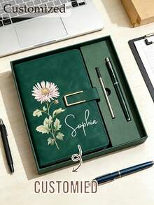 Personalized Birthday Flower Notebook And Pen Set, Customized Name Leather Notebook Gift, Women's Birthday Month Flower Notebook, Birthday/Teacher Gift - Multicolor - View 3