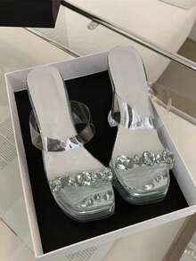 French Luxury Rhinestone Embellished High Heel Sandals, Transparent Strap Square Toe Thick Sole Platform Shoes, Fairy Style Outdoor Wear - Silver - View 6