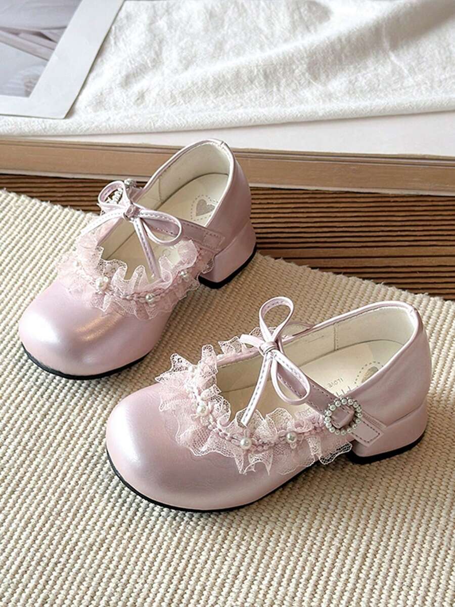 Girls' High Heel Pumps Princess Shoes Spring/Autumn 2026 New Style PU Leather Bowknot Flat Shoes - Pink - View 1
