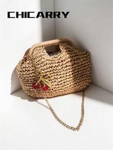 Summer Women's Khaki Woven Straw Bag, Cherry Charm, Beach Fashion Elegant Chain Crossbody Bag, Vintage Hollow Handbag Beach Bag, Creative Clasp Hardware, Summer Bridal Bag, Women's College Student Bag, Suitable For Parties, Shopping, Vacation, Crochet Bag - Khaki - View 10