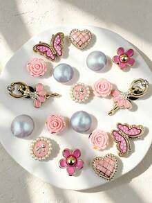 18pcs Rhinestone Butterfly Heart Pearl Flower Resin Fashion Minimalist Ins Style DIY Shoe Charms - Multicolor - View 6