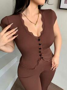 abyoxi Women's Plus Size Brown Lace Patchwork Short Sleeve V-Neck Single-Breasted Cinched Waist Slim Fit T-Shirt And Flare Pants 2-Piece Set, Vintage Elegant, Casual, Office Commute, Date, Daily Outing, Knit Top And Long Pants Summer Set - Brown - View 7