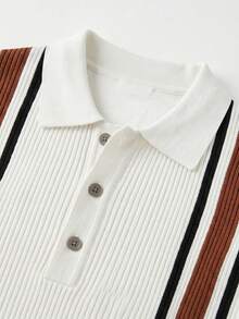 Camisa de punto de manga corta con media abertura de botones y diseño de bloques de color a rayas para hombre - Blanco - Ver 4