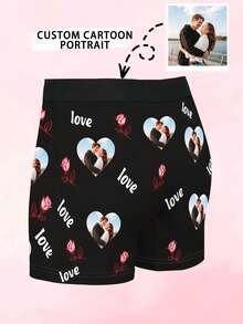 1pc Men's Customized Cartoon Couple Portrait Print Rose Heart Pattern Black Soft Breathable Casual Boxer Briefs, Valentine's Day Gift - Multicolor - View 4