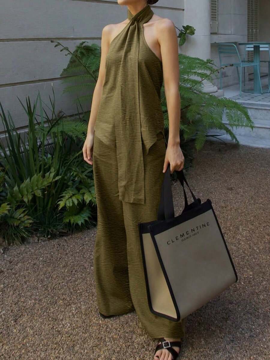 Conjunto de 2 piezas Urbanchic: Top camisola de unicolor minimalista + Pantalón de pierna ancha, Conjunto elegante de dama para primavera/verano, Día de San Valentín, Vacaciones, Playa - Verde militar - Ver 1