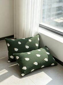 1 pieza/2 piezas Funda de cojín decorativo con borlas de oveja linda, mezcla de lino verde oscuro con bordado de animales, estilo granja para sofá, dormitorio y decoración del hogar, sin relleno de cojín - Verde - Ver 12