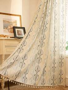 Bubaba Boho Leaf Pattern Curtains With Tassel Fringe, Light Filtering Linen Textured Window Panels For Living Room, Bedroom & Farmhouse Decor - Beige - View 3