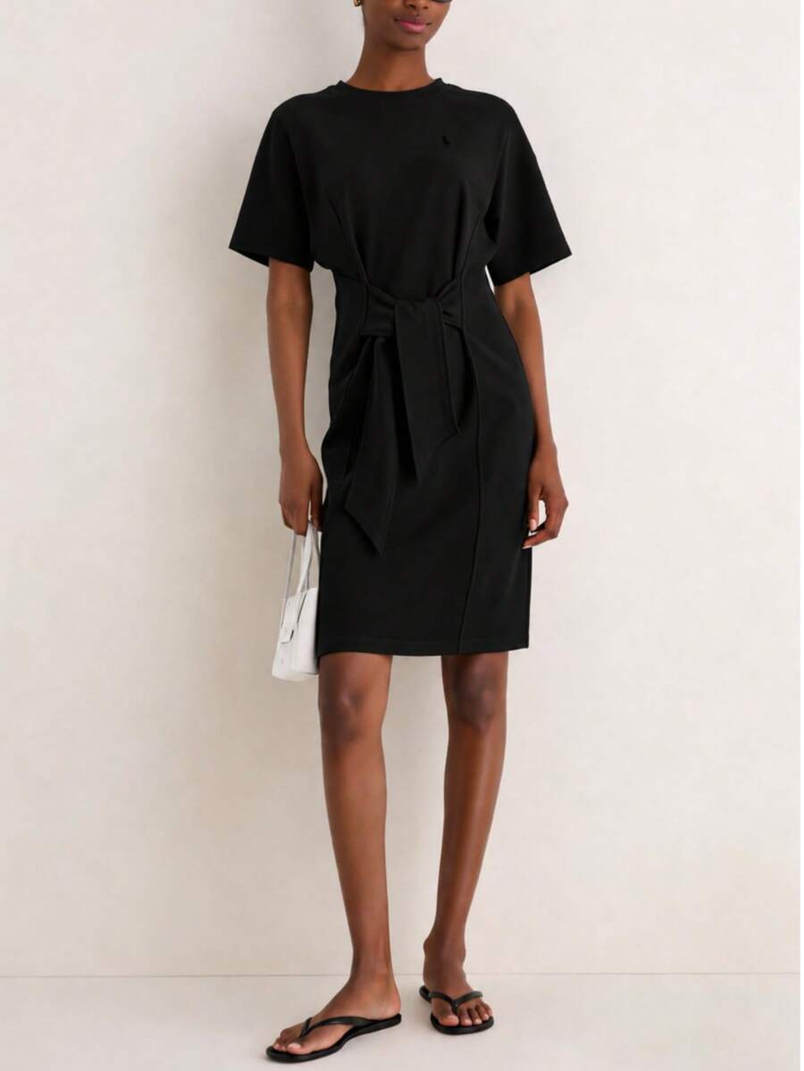 RoseArya Cotton Front Tie Detail Above Knee Dress - Black - View 1