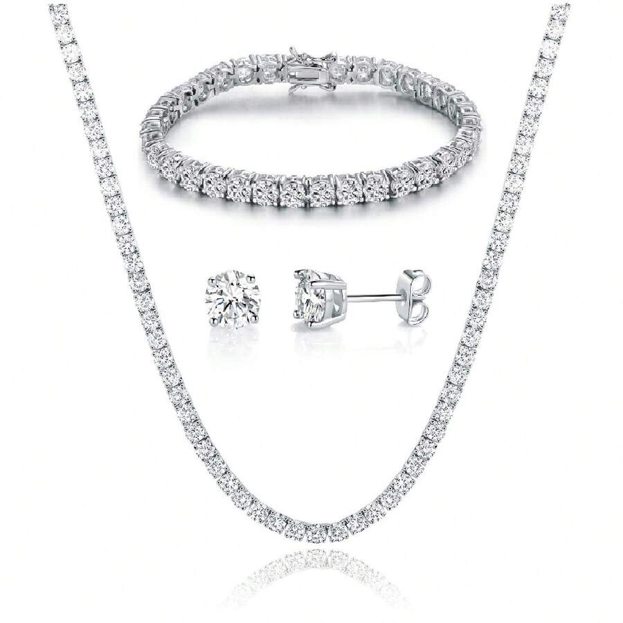 MDFUN Juego de Joyas de Boda de 4mm Chapado en Oro Blanco de 18K Collar Tenis/Pulsera/Pendientes de Botón Paquete de 3 - Blanco - Ver 1