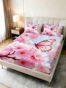 1PC Romantic Cherry Blossom Butterfly Fitted Sheet Mattress Protector Bed Sheet Soft Skin-Friendly Non-Slip Bedding Suitable For Twin/Full/Queen/King Size Bed, Machine Washable, Ideal For Bedroom Decor - Multicolor - View 1