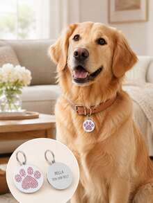 Etiqueta personalizada para mascotas, etiqueta redonda personalizada para mascotas con huella de pata de strass brillante, diseño de doble cara, la parte delantera con una exquisita huella de pata de strass con apariencia destacada, la parte trasera se puede grabar con láser con el nombre de la mascota, dirección, número de teléfono de contacto, material de acero inoxidable resistente al desgaste y sin decoloración, adecuado para gatos y perros, prevención efectiva de la pérdida de mascotas mientras añade decoración - Multicolor - Ver 4