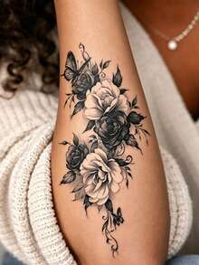 Temporary Tattoo Stickers For Women, Waterproof Floral Rose & Butterfly Thigh Body Art, Long-Lasting, Adjustable Fashionable Temporary Tattoo For Party, Beach, Cosplay, Or Daily Wear - Black - View 4
