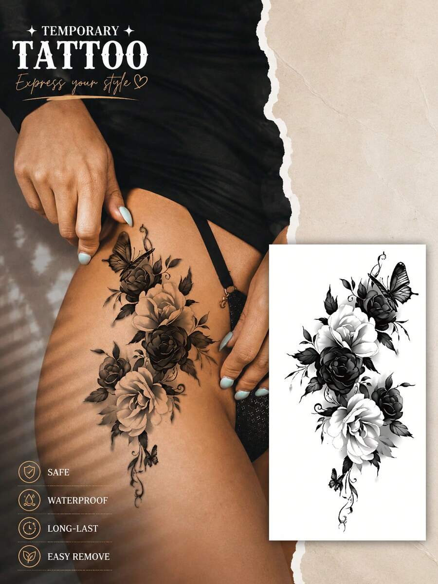 Temporary Tattoo Stickers For Women, Waterproof Floral Rose & Butterfly Thigh Body Art, Long-Lasting, Adjustable Fashionable Temporary Tattoo For Party, Beach, Cosplay, Or Daily Wear - Black - View 1