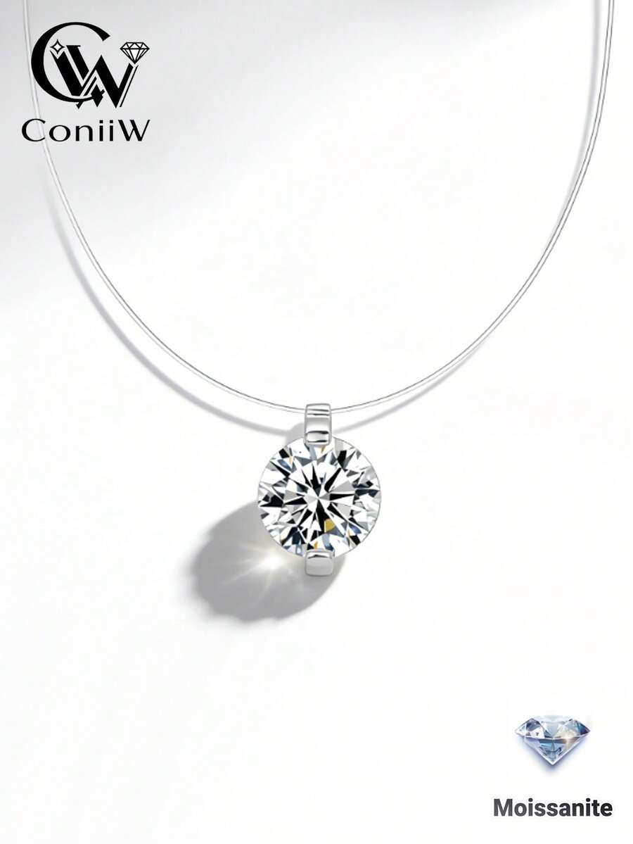 ConiiW Kalung Tali Pancing Transparan Sederhana dan Klasik Terbuat dari Perak Sterling 925 dan Moissanite 1 Karat, Unisex dan Cocok untuk Dipakai Sehari-hari.