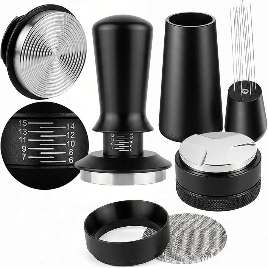 5pcs 51/53/58mm Espresso Accessories Set: Espresso Tamper, WDT Tool, Coffee Distributor, Puck Screen And Dosing Funnel, Suitable For 51mm Coffee Machine And Portafilter - Black - View 1