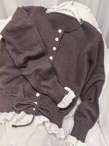 Women's Brown Short Cardigan, Decorated With White Hollow-Out Ruffle Trim, Button Front, Long Sleeve Round Neck, Suitable For Autumn/Winter Wear. - Coffee Brown - View 2