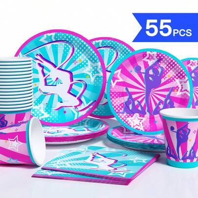 Juego de vajilla desechable para fiesta con tema de gimnasia artística para niñas, 55/25/10 piezas, estampado de patrón de estrella explosiva con cinta de atleta de gimnasia, juego completo que incluye platos de papel grandes y pequeños, vasos de papel, servilletas, estilo vibrante para niñas, adecuado para cumpleaños con tema de gimnasia para niñas, construcción de equipo de clase de baile, fiesta con tema deportivo, decoración de mesa con estilo atlético juvenil