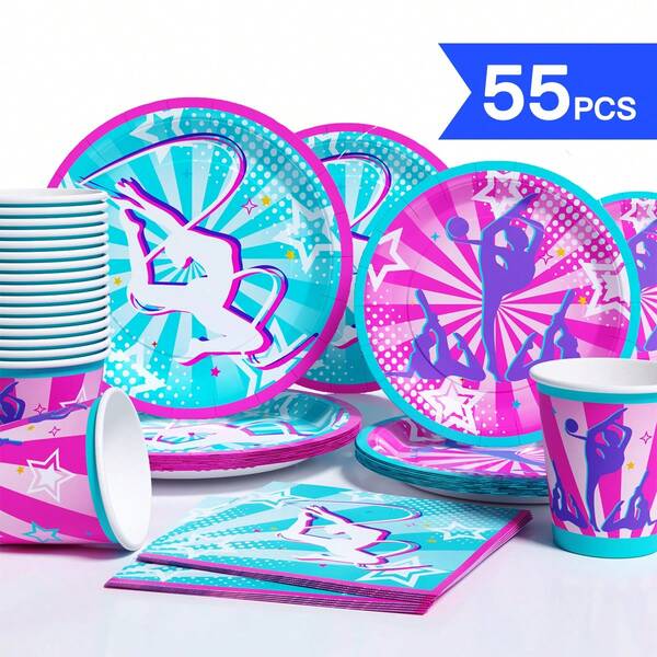 55/25/10pcs Artistic Gymnastics Girl Theme Disposable Party Tableware Set, Gymnastics Athlete Ribbon Star Burst Pattern Print, Full Set Includes Large & Small Paper Plates, Paper Cups, Napkins, Vibrant Girl Style, Suitable For Girls Gymnastics Theme Birthday, Dance Class Team Building, Sports Theme Party, Youthful Athletic Style Table Decor