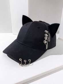 1 Pieza Gorra De Béisbol De Hip Hop Con Forma De Orejas De Gato Y Cadena De Metal Adornada - Negro - Ver 4